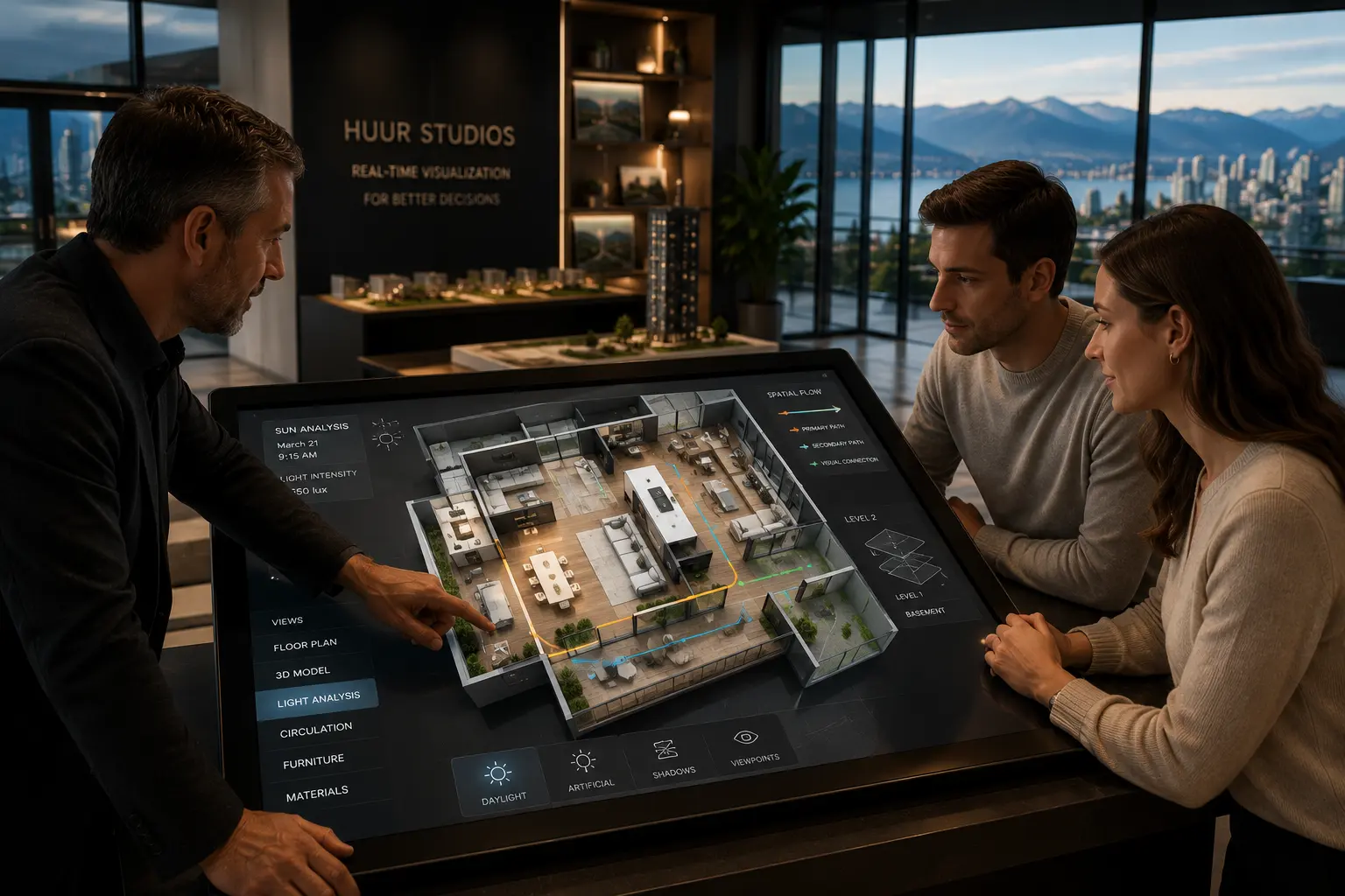 residential space planning visualization showing architect and homeowner reviewing real-time 3D floor plan with light simulation and furniture layout in Vancouver design studio