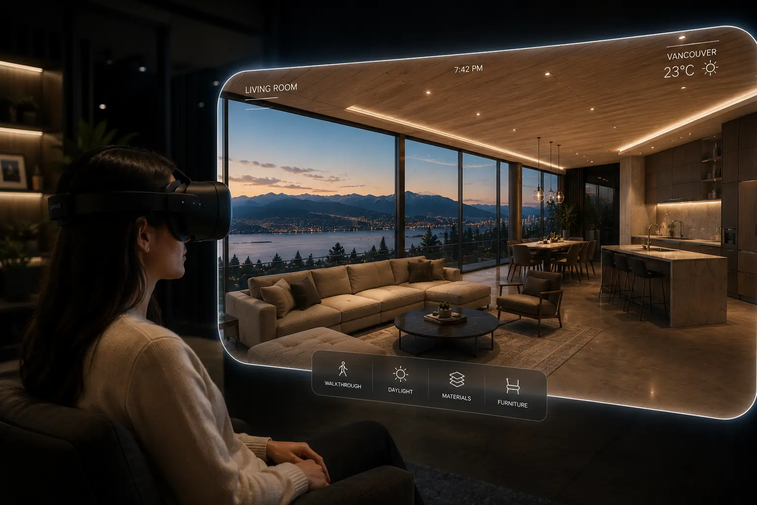 virtual home experiences showing homeowner using VR headset to navigate immersive residential environment with modern Vancouver interior warm timber finishes and mountain views