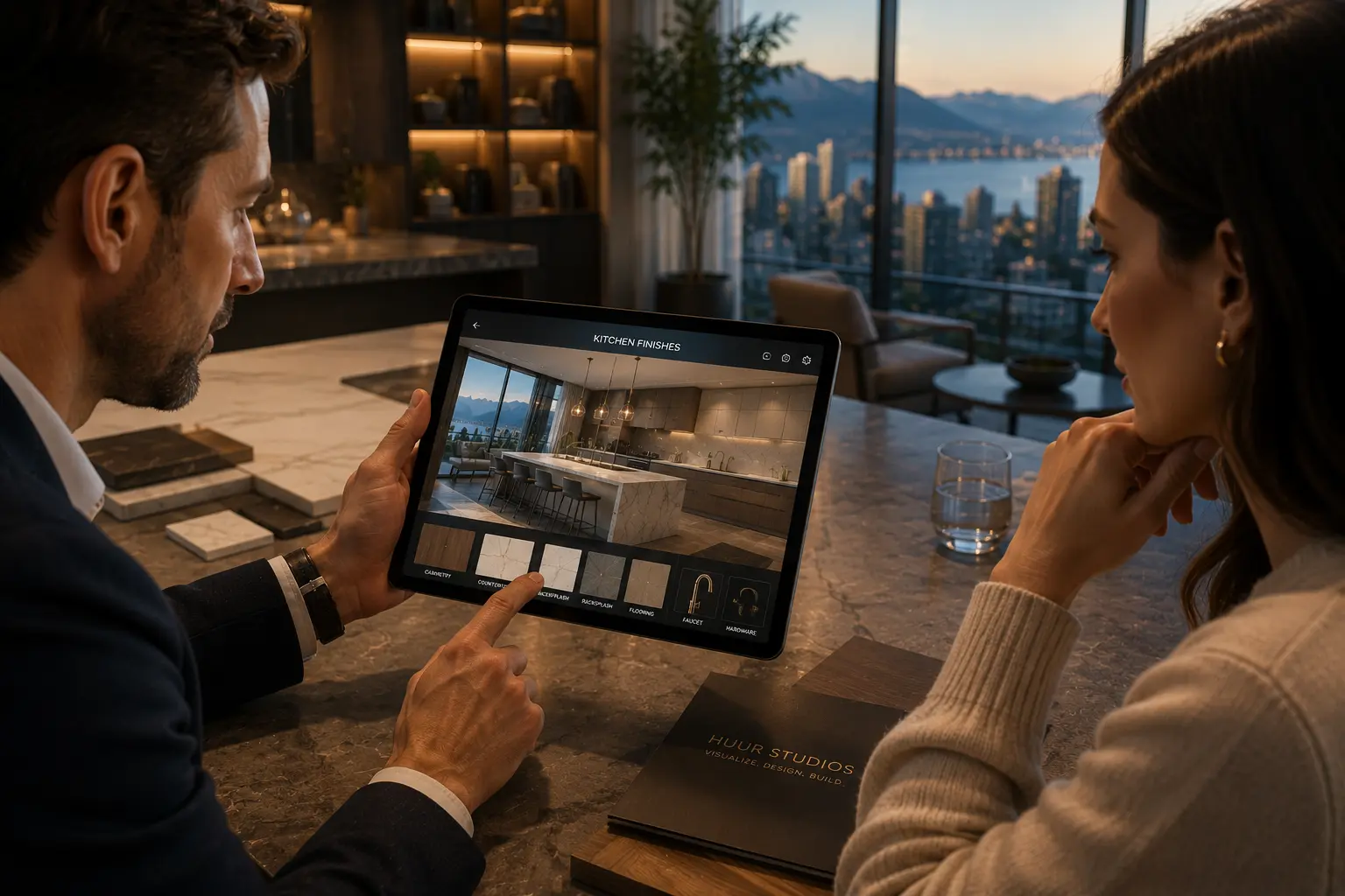 residential design studio interactive finish configurator showing developer and buyer selecting materials with real-time updates in Vancouver luxury residential sales suite