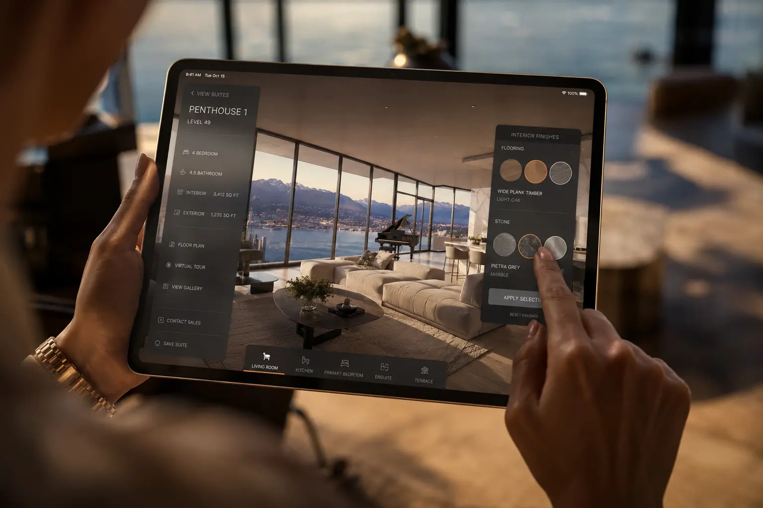 interactive pre-sale real estate platform showing buyer using tablet to navigate Vancouver penthouse virtual tour with real-time finish selection updating photorealistic environment