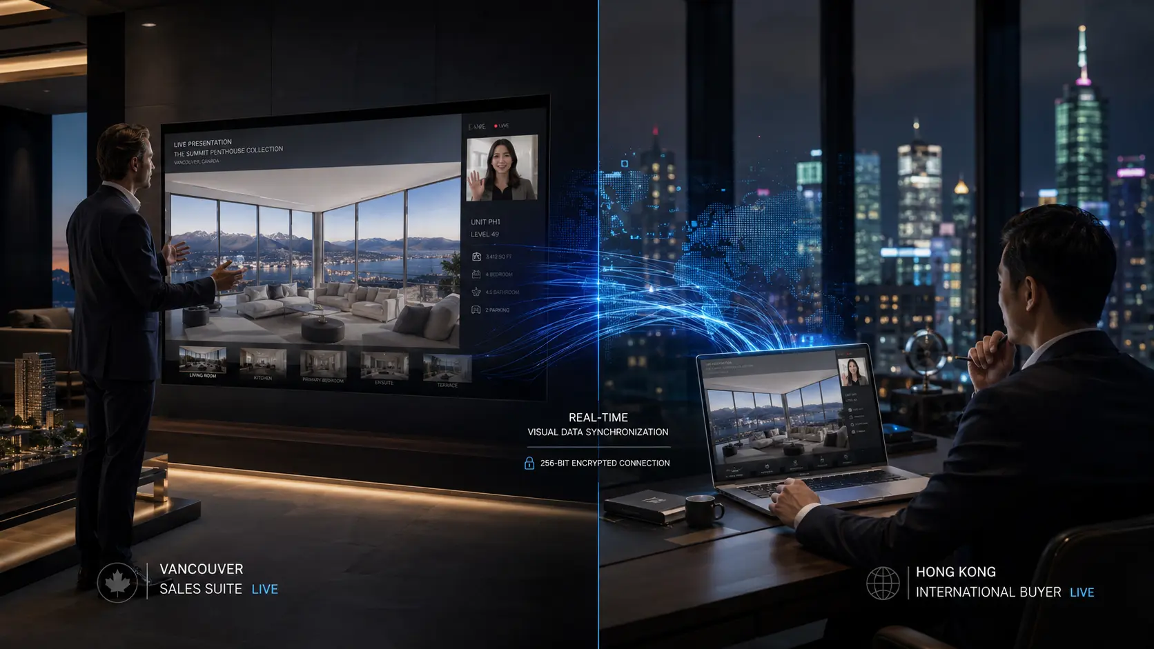 digital property sales experiences showing Vancouver sales agent conducting live virtual showing connected in real time to international buyer viewing real estate sales platform remotely