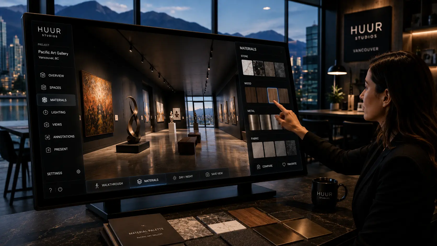immersive showroom environments showing interior design client using virtual showroom design configurator with real-time material updates in Vancouver design studio