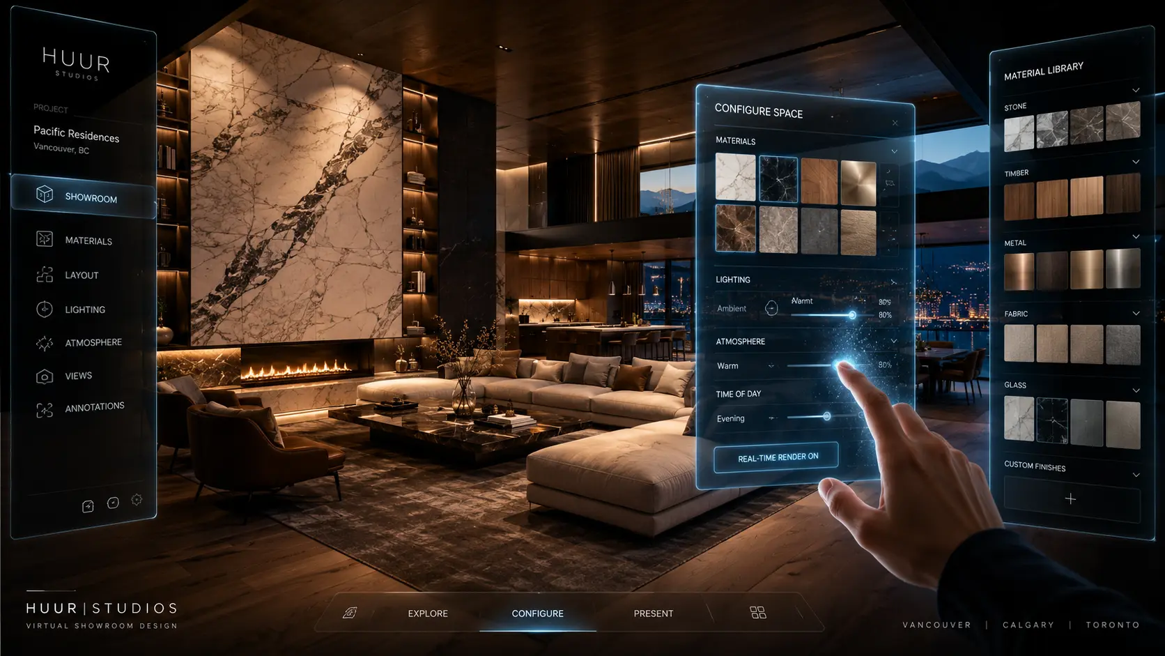 real-time showroom visualization showing photorealistic material rendering quality of marble timber and fabric surfaces in virtual showroom design built on Unreal Engine