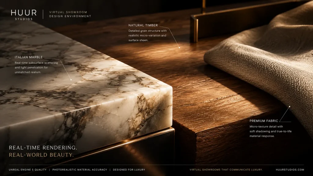 Real time showroom visualization showing photorealistic material rendering quality of marble timber and fabric surfaces in virtual showroom design built on Unreal EngineCaption: