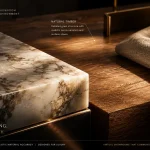 Real time showroom visualization showing photorealistic material rendering quality of marble timber and fabric surfaces in virtual showroom design built on Unreal EngineCaption: