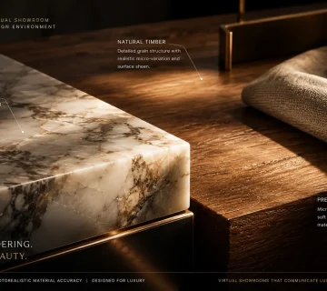 Real time showroom visualization showing photorealistic material rendering quality of marble timber and fabric surfaces in virtual showroom design built on Unreal EngineCaption: