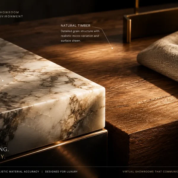 Real time showroom visualization showing photorealistic material rendering quality of marble timber and fabric surfaces in virtual showroom design built on Unreal EngineCaption: