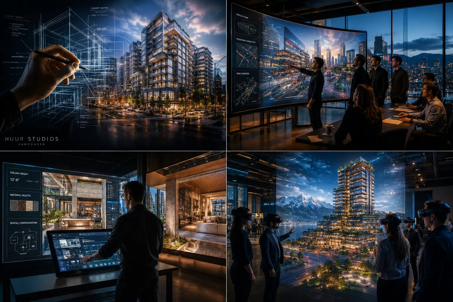 concept design agency transforming architectural sketch into photorealistic immersive real-time visualization with Vancouver mixed-use building emerging from concept lines