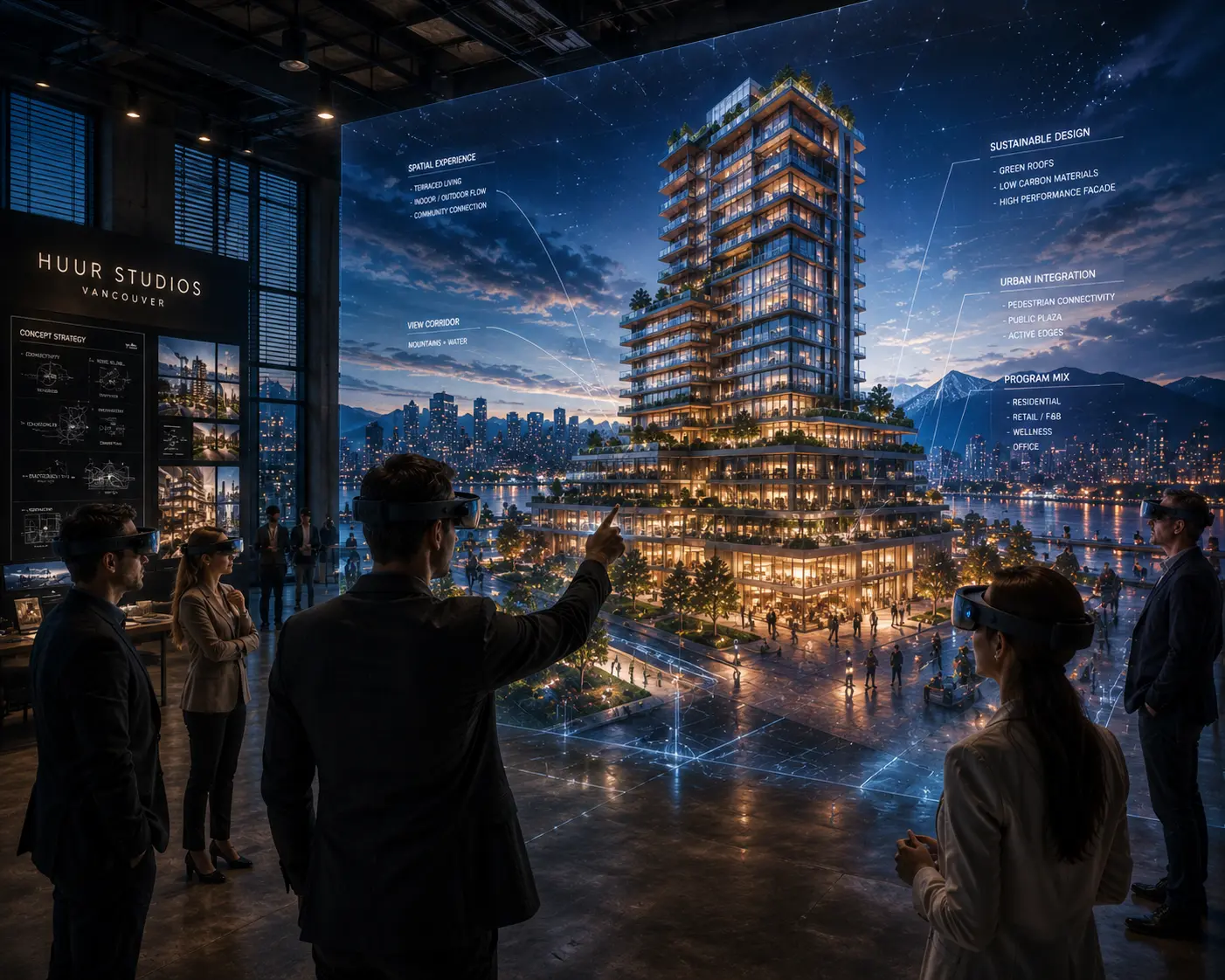 concept design agency transforming architectural sketch into photorealistic immersive real-time visualization with Vancouver mixed-use building emerging from concept lines