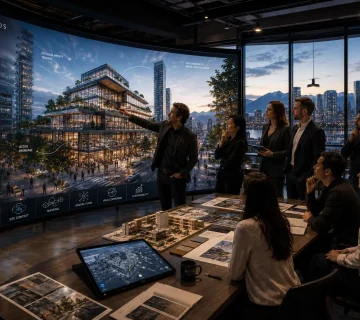 Early stage design visualization showing Vancouver architectural team and developer clients reviewing immersive concept environment with spatial flow diagrams on large curved display