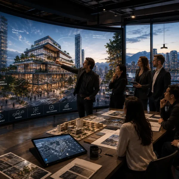 Early stage design visualization showing Vancouver architectural team and developer clients reviewing immersive concept environment with spatial flow diagrams on large curved display