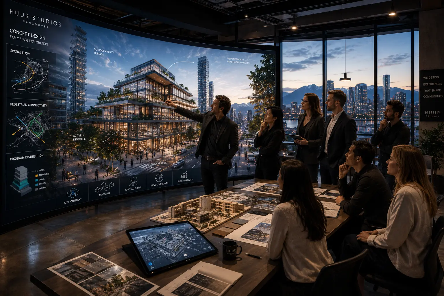 Early stage design visualization showing Vancouver architectural team and developer clients reviewing immersive concept environment with spatial flow diagrams on large curved display