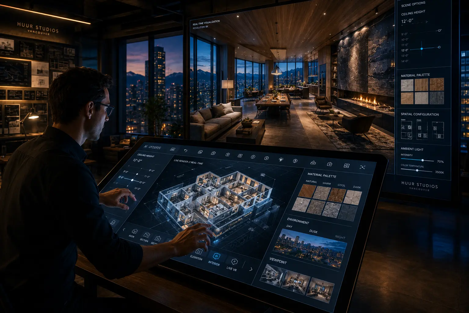 conceptual architectural rendering showing designer making real-time design iterations with instant photorealistic updates in concept design agency studio environment