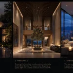 Immersive virtual storytelling sequence showing cinematic world CGI narrative arc from exterior arrival through lobby threshold to luxury penthouse interior in atmospheric HUUR Studios visualization