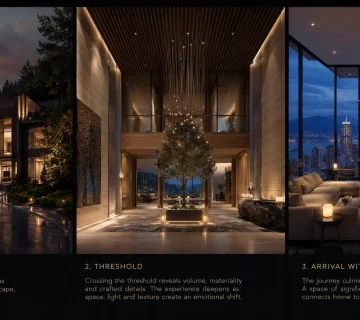 Immersive virtual storytelling sequence showing cinematic world CGI narrative arc from exterior arrival through lobby threshold to luxury penthouse interior in atmospheric HUUR Studios visualization