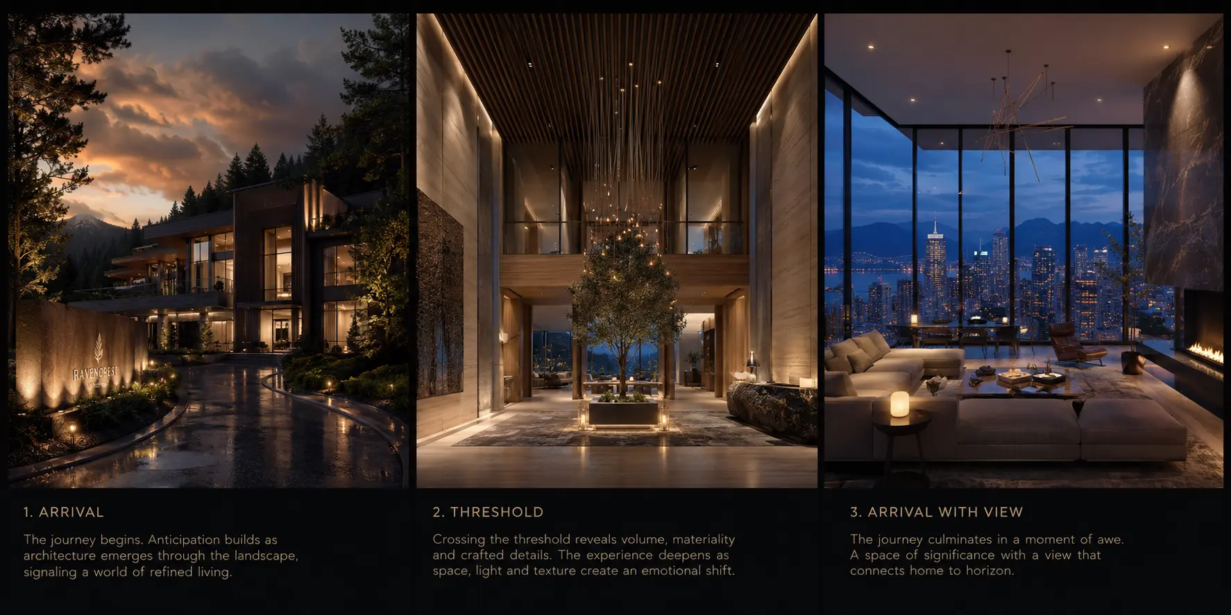 Immersive virtual storytelling sequence showing cinematic world CGI narrative arc from exterior arrival through lobby threshold to luxury penthouse interior in atmospheric HUUR Studios visualization
