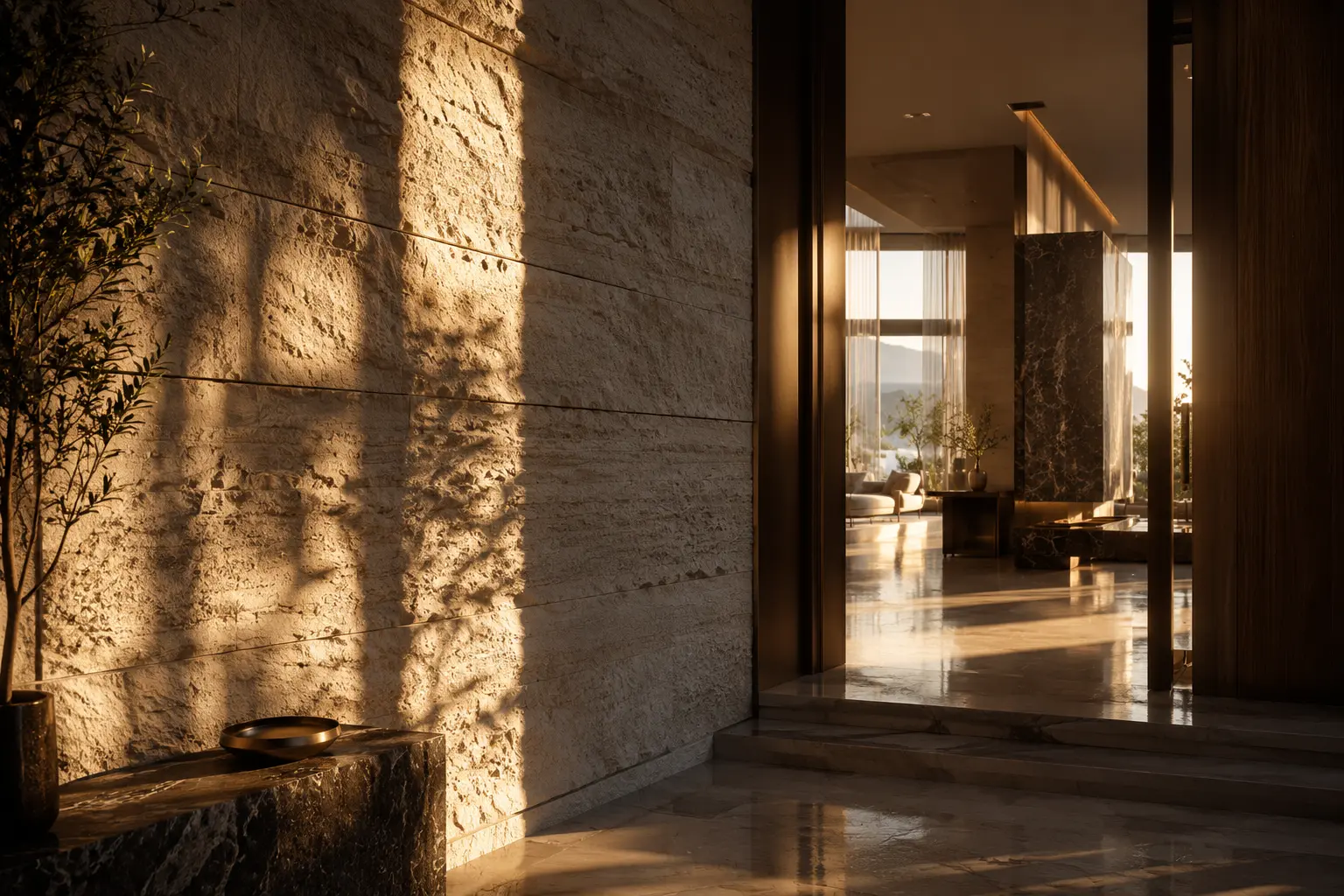 cinematic world CGI environment showing photorealistic architectural interior with golden hour lighting depth of field and Vancouver mountain vista at film quality standard