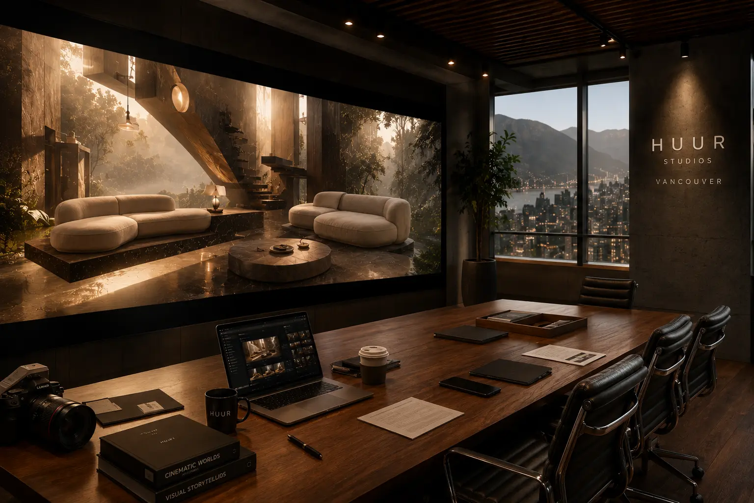 cinematic world CGI luxury brand experience showing photorealistic digital brand universe with premium furniture in atmospheric environment and Vancouver brand team capturing social media content