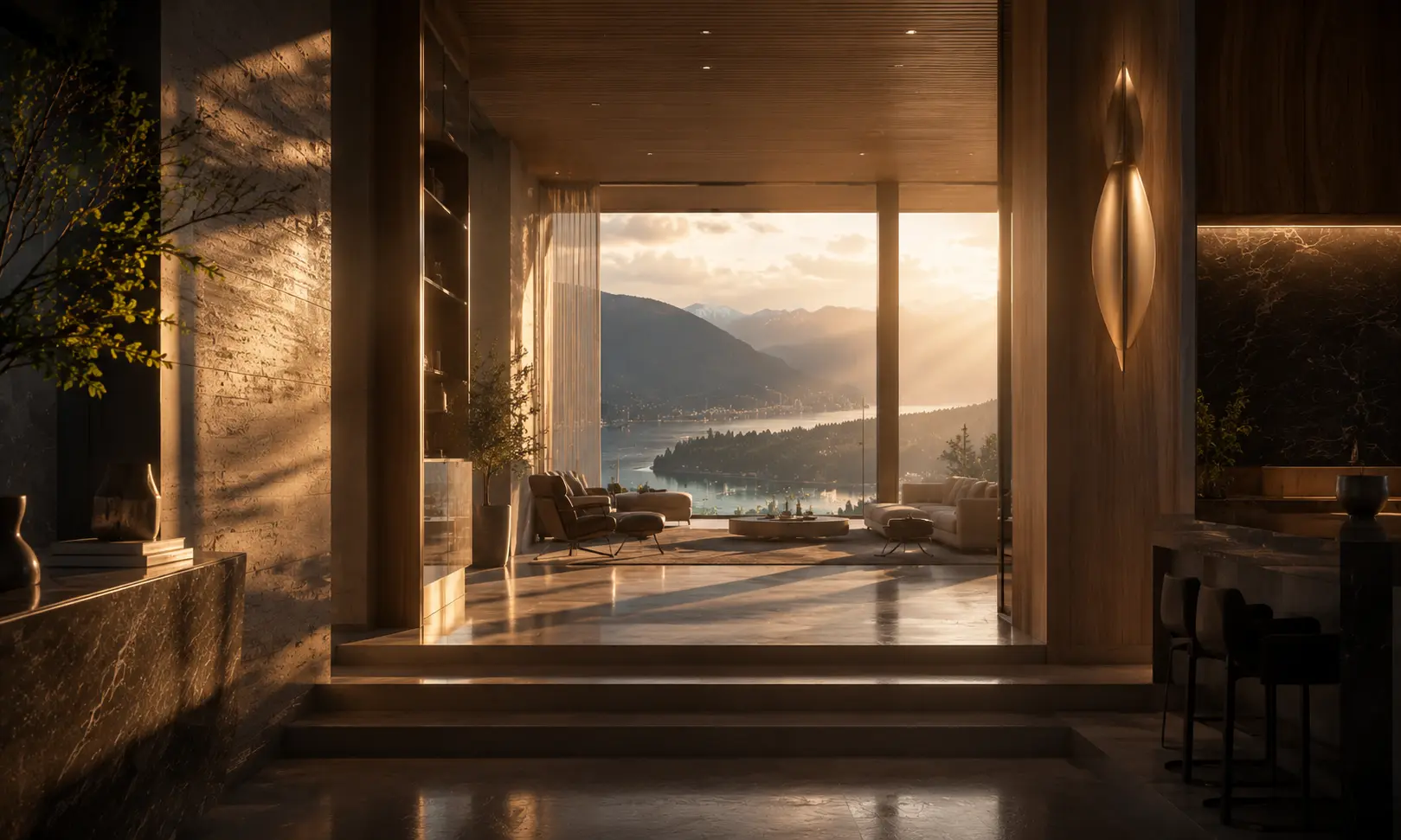 emotional spatial storytelling in cinematic world CGI showing warm light raking across textured stone wall with atmospheric depth and luminous interior beyond doorway