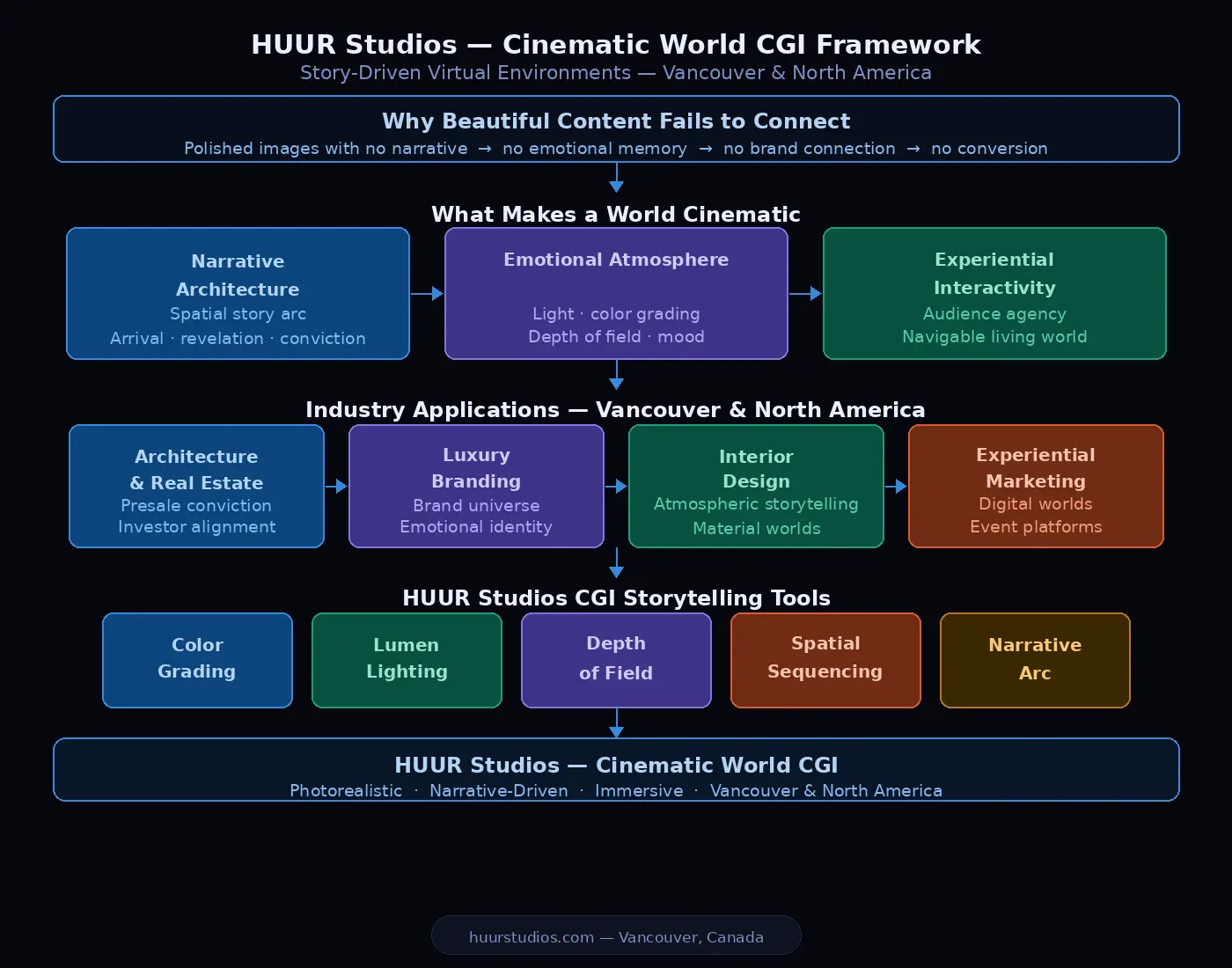 cinematic world CGI framework showing HUUR Studios narrative architecture emotional atmosphere and experiential interactivity with industry applications for architecture real estate and luxury branding in Vancouver and North AmericaDiagram caption: 