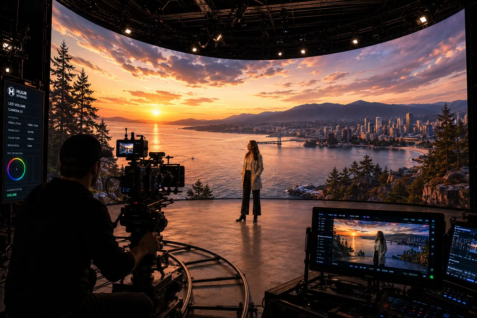virtual production studio architectural shoot showing model inside photorealistic unbuilt Vancouver luxury penthouse on LED volume for real estate presale marketing