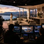 Virtual production studio architectural shoot showing model inside photorealistic unbuilt Vancouver luxury penthouse on LED volume for real estate presale marketing