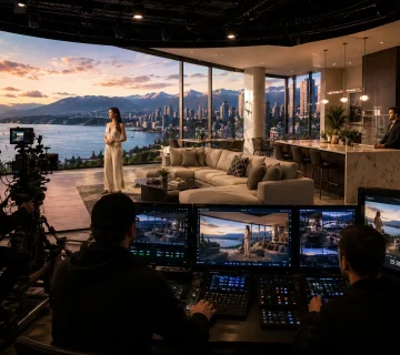 Virtual production studio architectural shoot showing model inside photorealistic unbuilt Vancouver luxury penthouse on LED volume for real estate presale marketing