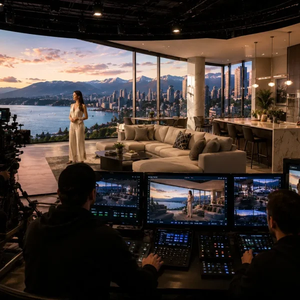 Virtual production studio architectural shoot showing model inside photorealistic unbuilt Vancouver luxury penthouse on LED volume for real estate presale marketing