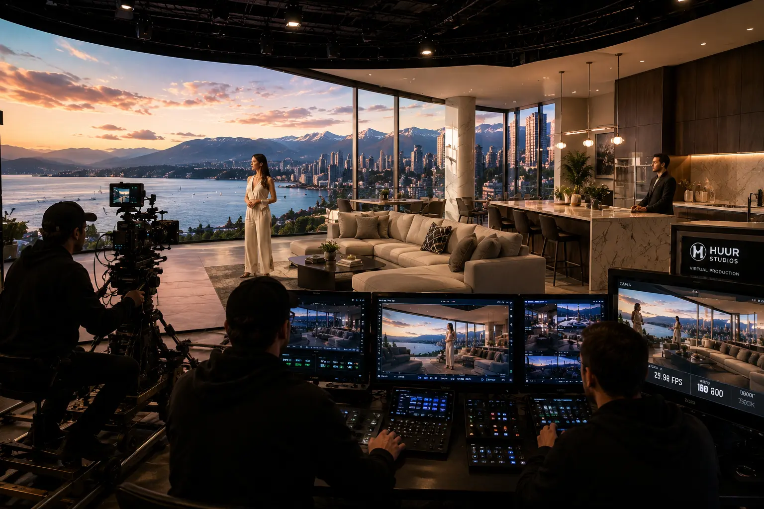 Virtual production studio architectural shoot showing model inside photorealistic unbuilt Vancouver luxury penthouse on LED volume for real estate presale marketing