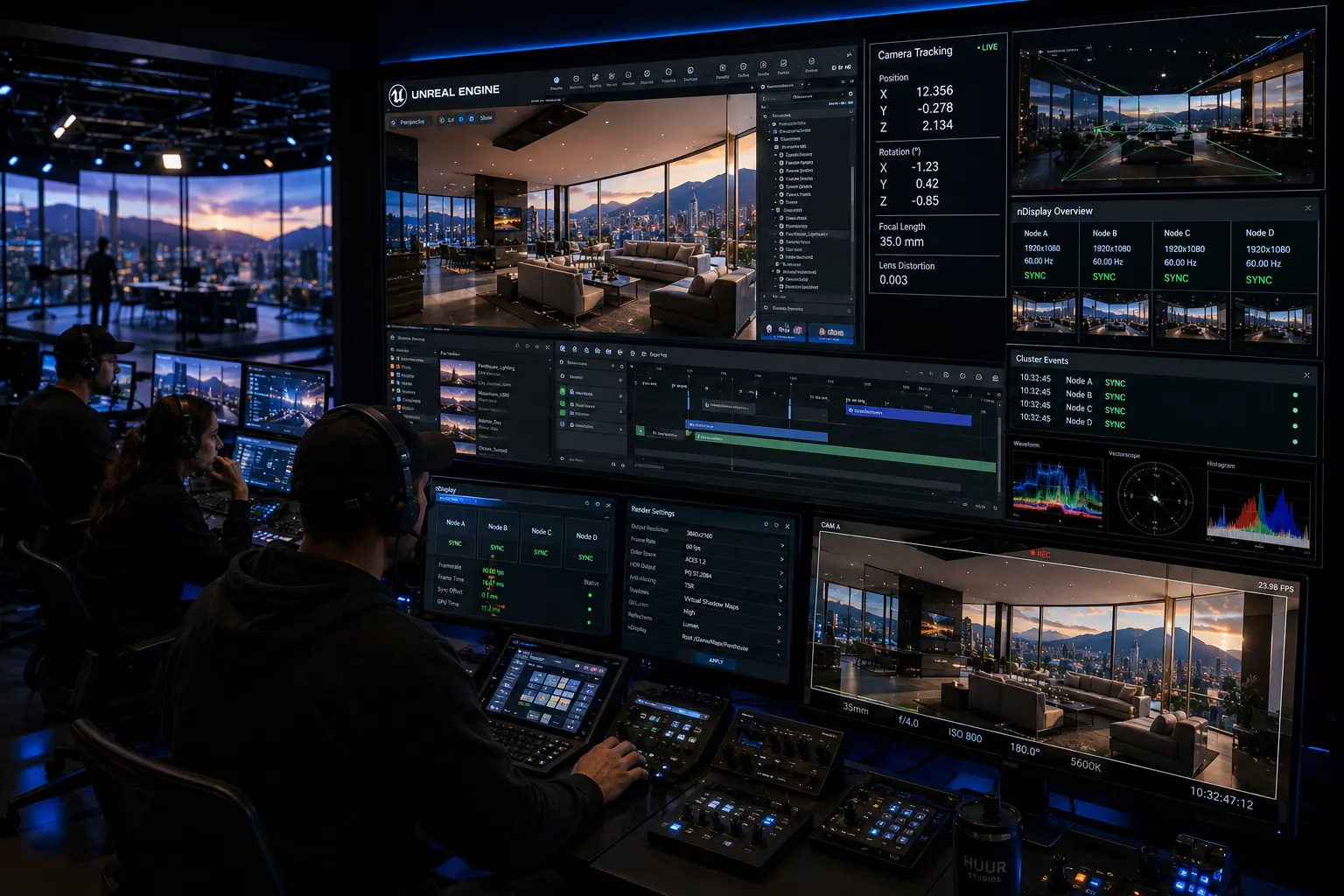 virtual production studio LED volume showing talent surrounded by photorealistic Vancouver coastal landscape displayed on curved high-resolution LED panels