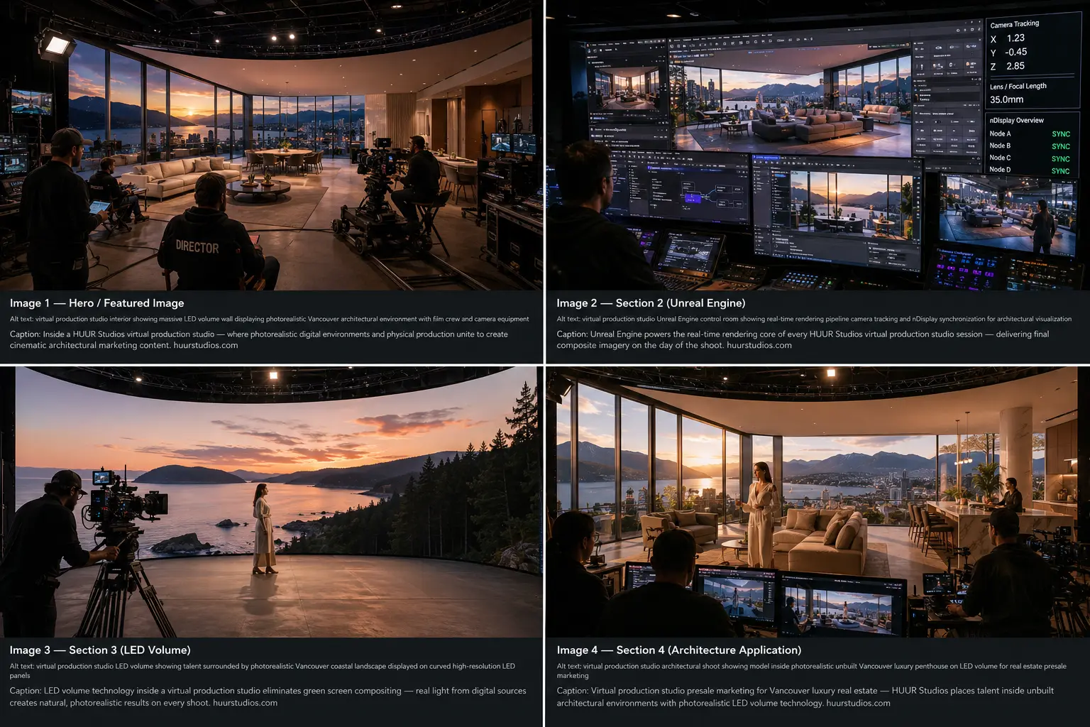 virtual production studio interior showing massive LED volume wall displaying photorealistic Vancouver architectural environment with film crew and camera equipment
