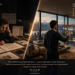 Pre construction virtual showroom showing contrast between traditional floor plan sales method and immersive interactive real time property visualization for Vancouver luxury real estate