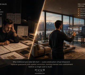 Pre construction virtual showroom showing contrast between traditional floor plan sales method and immersive interactive real time property visualization for Vancouver luxury real estate