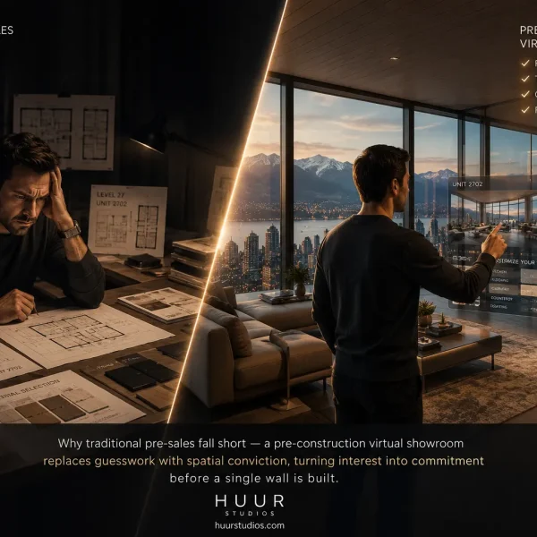 Pre construction virtual showroom showing contrast between traditional floor plan sales method and immersive interactive real time property visualization for Vancouver luxury real estate