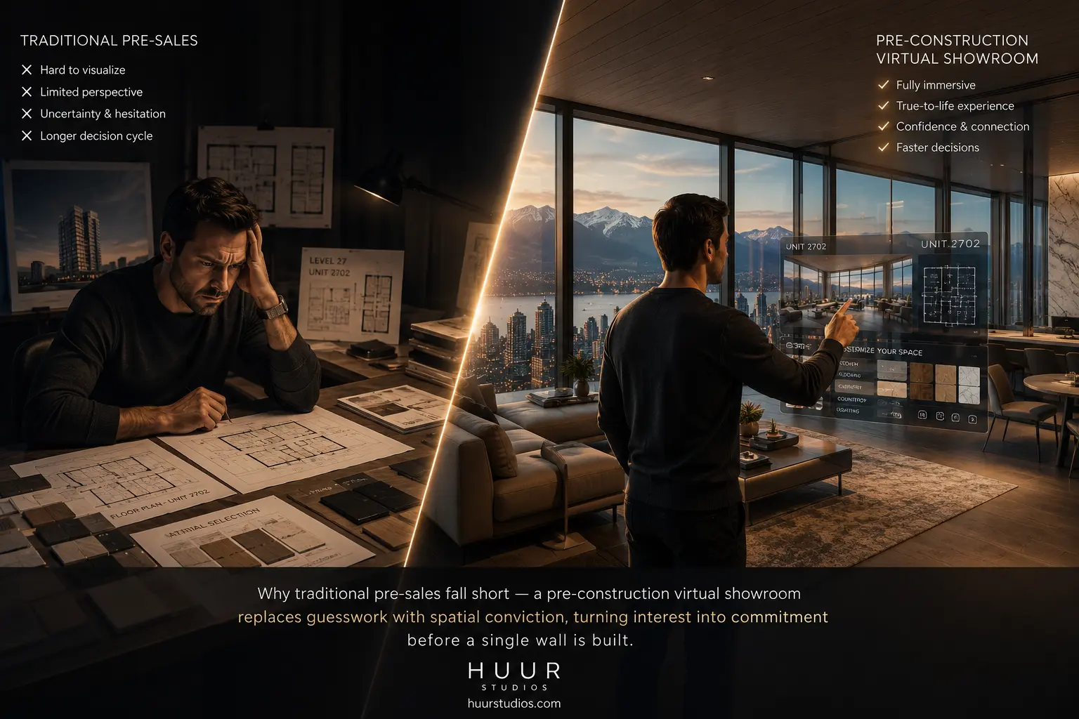 Pre construction virtual showroom showing contrast between traditional floor plan sales method and immersive interactive real time property visualization for Vancouver luxury real estate