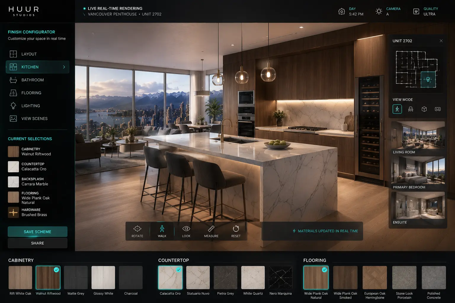 HUUR Studios pre-construction virtual showroom in Vancouver luxury real estate sales suite showing interactive buyer exploration and unit configuration with city lights backdrop 