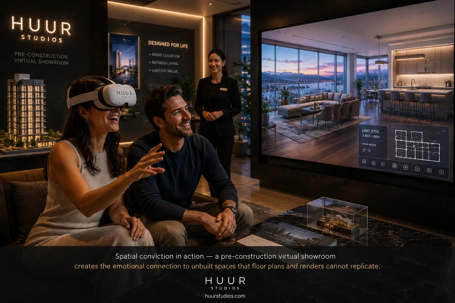  pre-construction virtual showroom buyers experiencing immersive property presentation in Vancouver real estate sales suite with VR headset and large mirrored display Caption: 