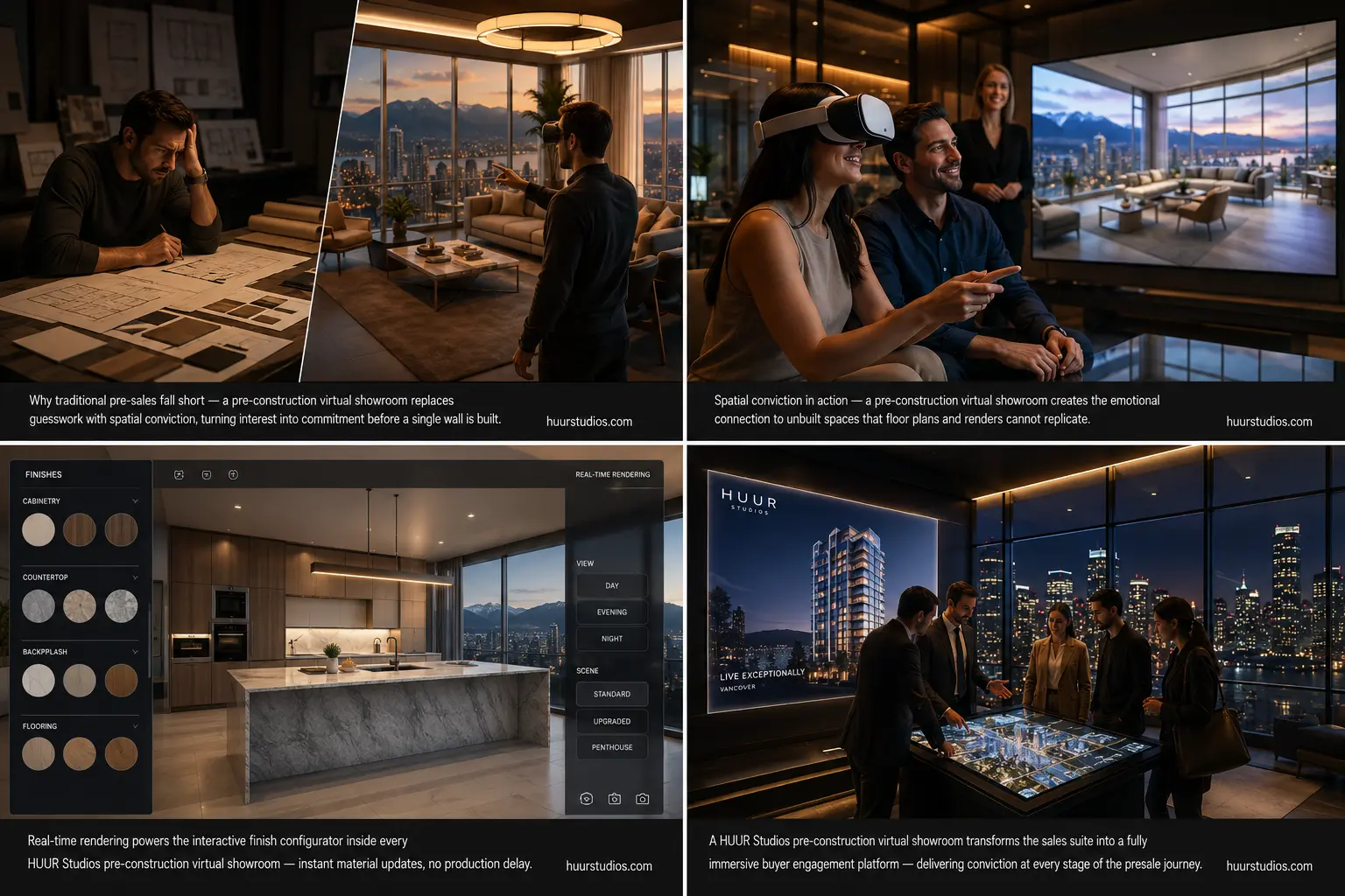 pre-construction virtual showroom showing contrast between traditional floor plan sales method and immersive interactive real-time property visualization for Vancouver luxury real estate.