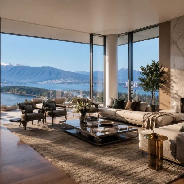 AI real estate tools showing modern Vancouver sales suite with interactive property visualization display and daylight interior