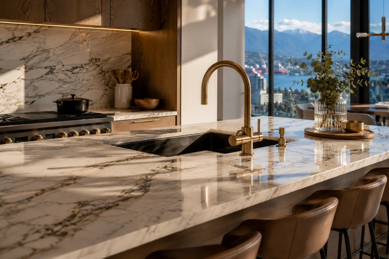 high-end interior rendering showing photorealistic kitchen materials including marble countertop brass fixtures and oak cabinetry in natural daylight