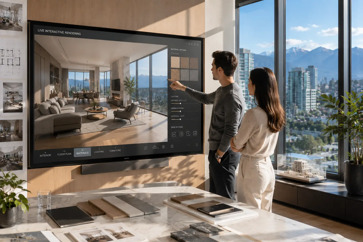 real-time interior rendering showing client and designer exploring interactive material configurations on display in bright Vancouver studio