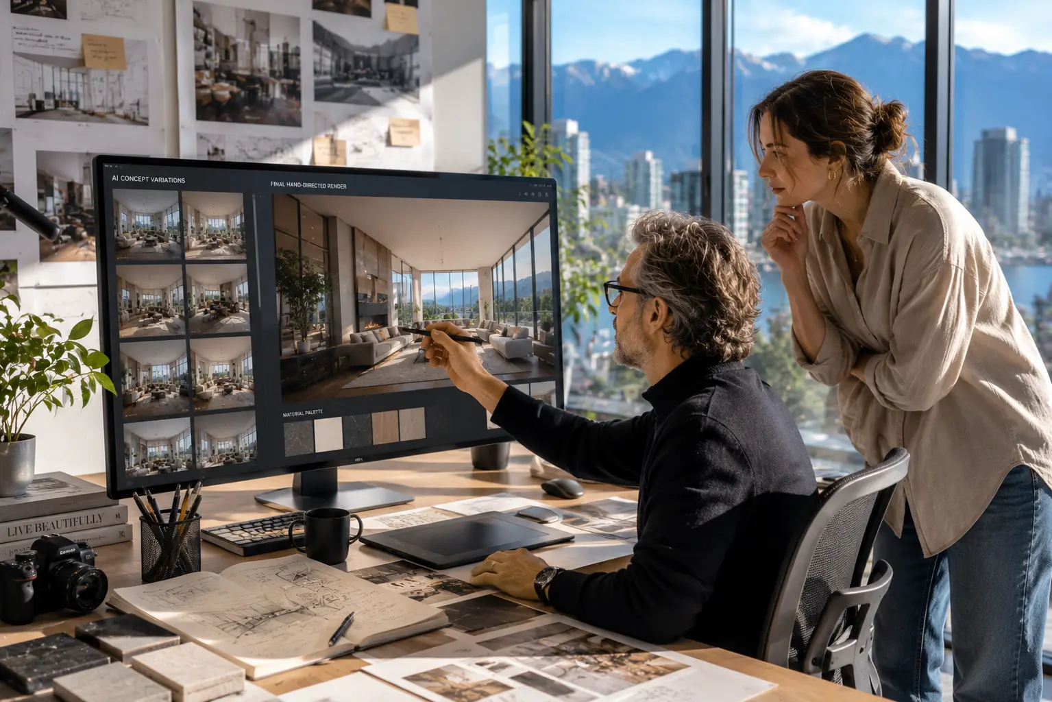 AI-powered real estate marketing showing visualization artist using AI-accelerated rendering workflow in bright Vancouver architectural studio