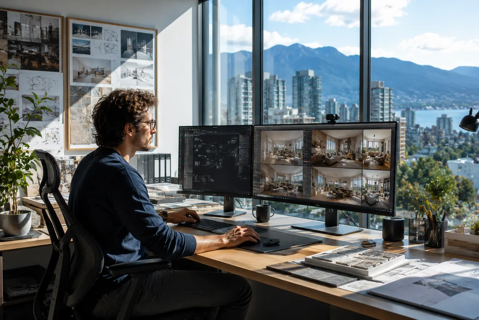 AI-assisted architectural visualization showing creative director reviewing final cinematic renders alongside AI-generated concepts in Vancouver studio