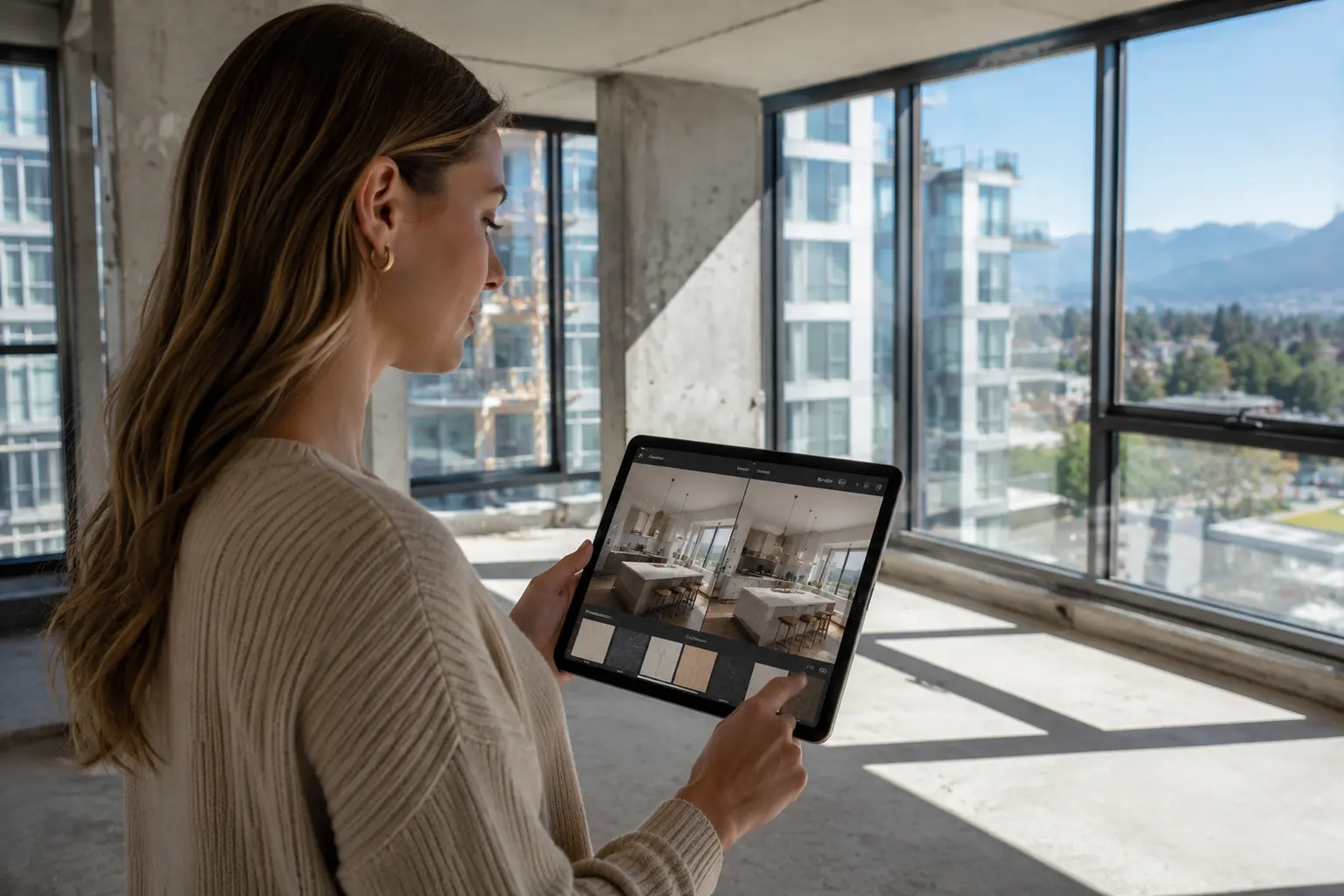 photorealistic interior rendering in intelligent real estate experiences showing buyer using tablet with personalized AI configuration in sunlit Vancouver condo unit