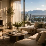 Photorealistic interior renderingcinematic interior visualization showing warm lived in Vancouver living room with natural daylight and styled interior details