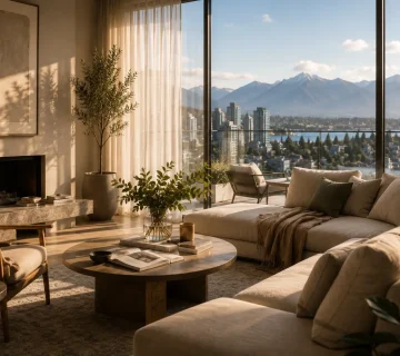Photorealistic interior renderingcinematic interior visualization showing warm lived in Vancouver living room with natural daylight and styled interior details