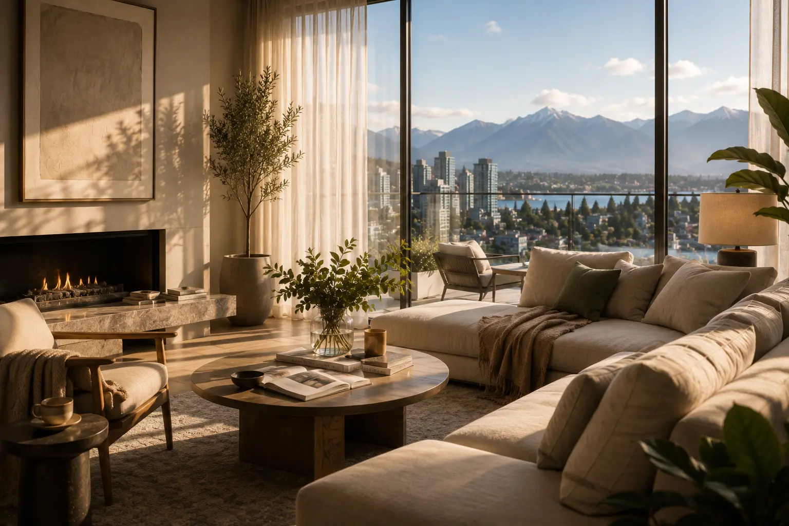 Photorealistic interior renderingcinematic interior visualization showing warm lived in Vancouver living room with natural daylight and styled interior details