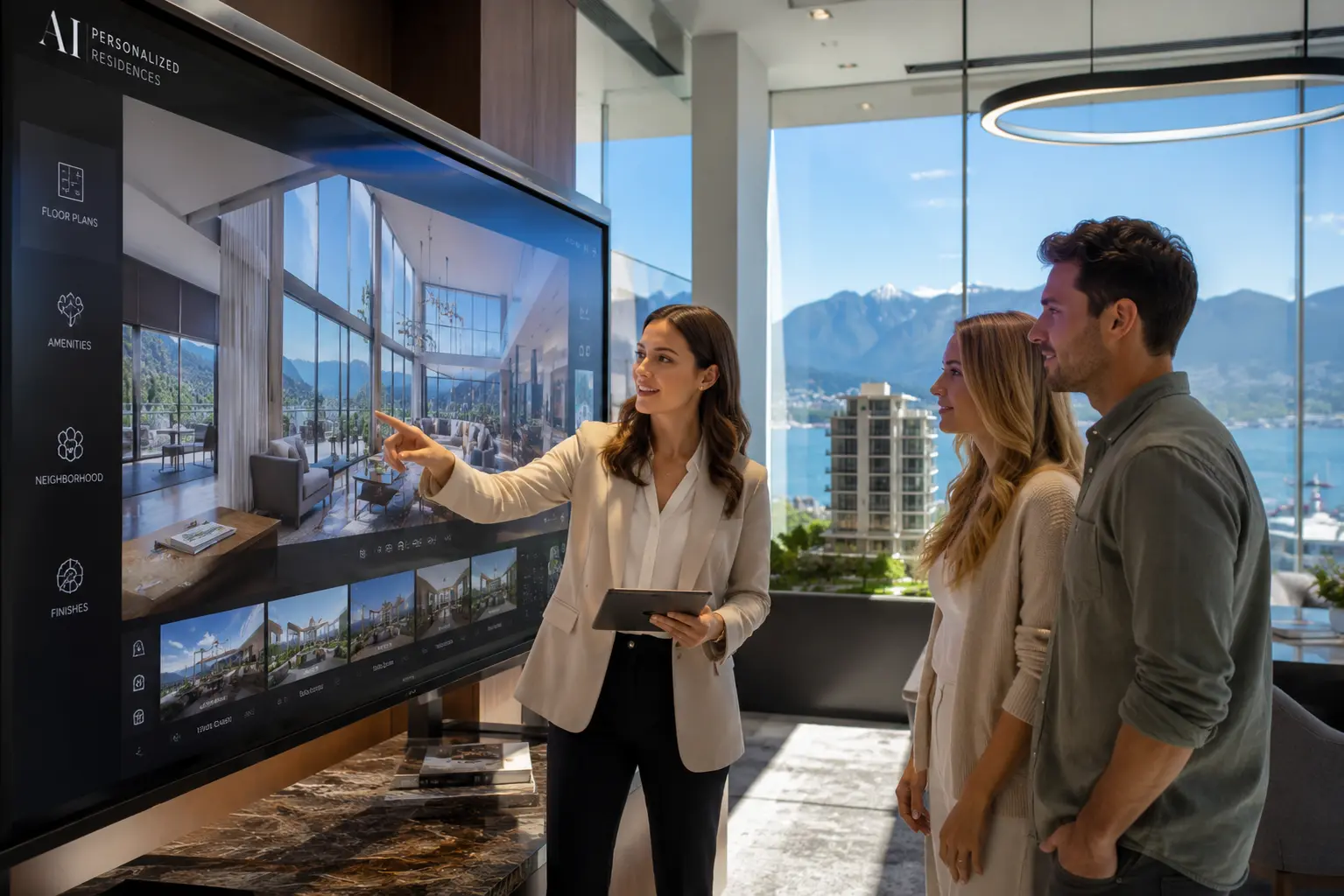 Photorealistic interior rendering in real estate tools showing modern Vancouver sales suite with interactive property visualization display and daylight interior