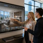 Virtual home tours showing bright Vancouver living room interior with interactive navigation overlay in daylight