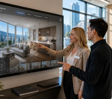 Virtual home tours showing bright Vancouver living room interior with interactive navigation overlay in daylight